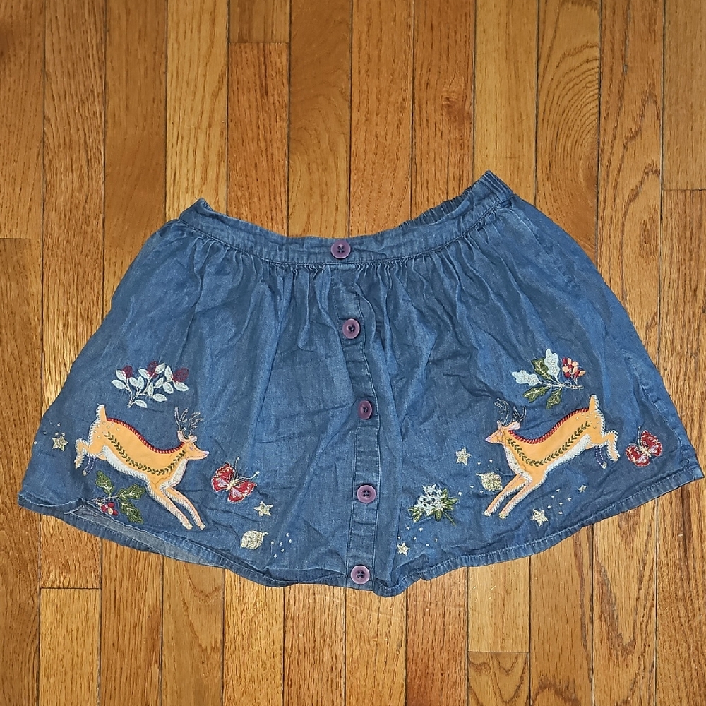 Mini Boden Blue Skirt with Embroidered Deer and Flowers - Picture 2 of 10